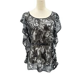 Lane Bryant Black & White Mixed Paisley Print Ruffle Sleeve Sheer Chiffon Blouse